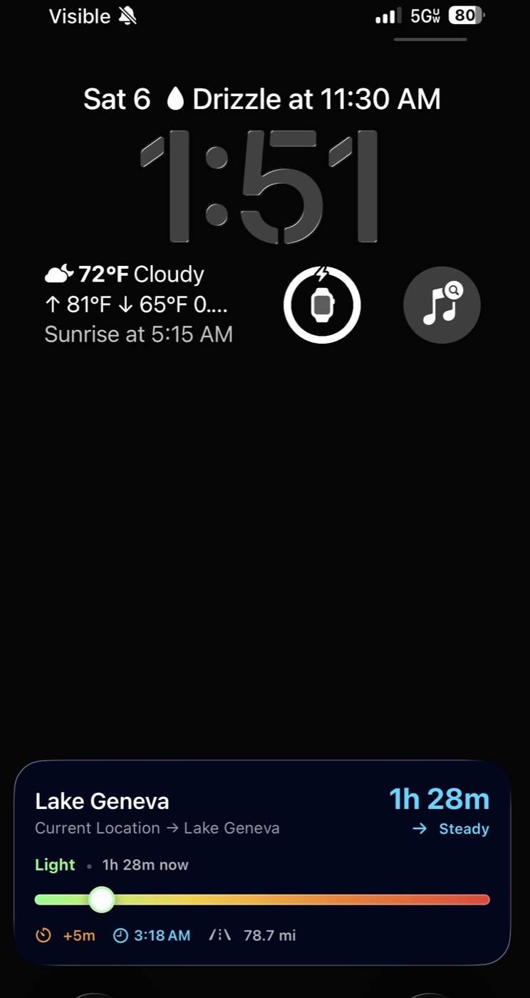 DriveWindow Lock Screen Live Activity showing route ETA and traffic details