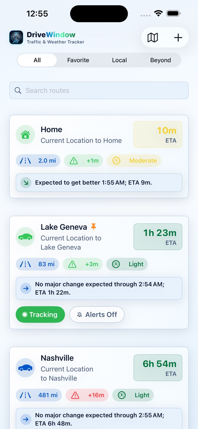 DriveWindow dashboard showing saved routes, live ETAs, and traffic details