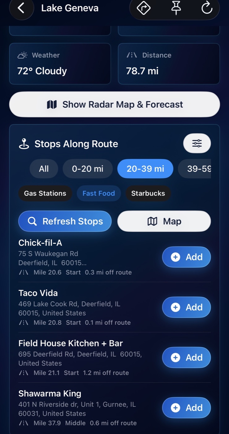 DriveWindow stops along route screenshot