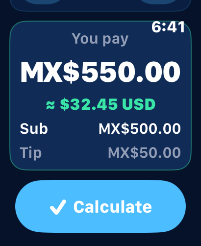 Fareshare Apple Watch result screen showing a local currency total, estimated USD conversion, subtotal, tip, and calculate button.