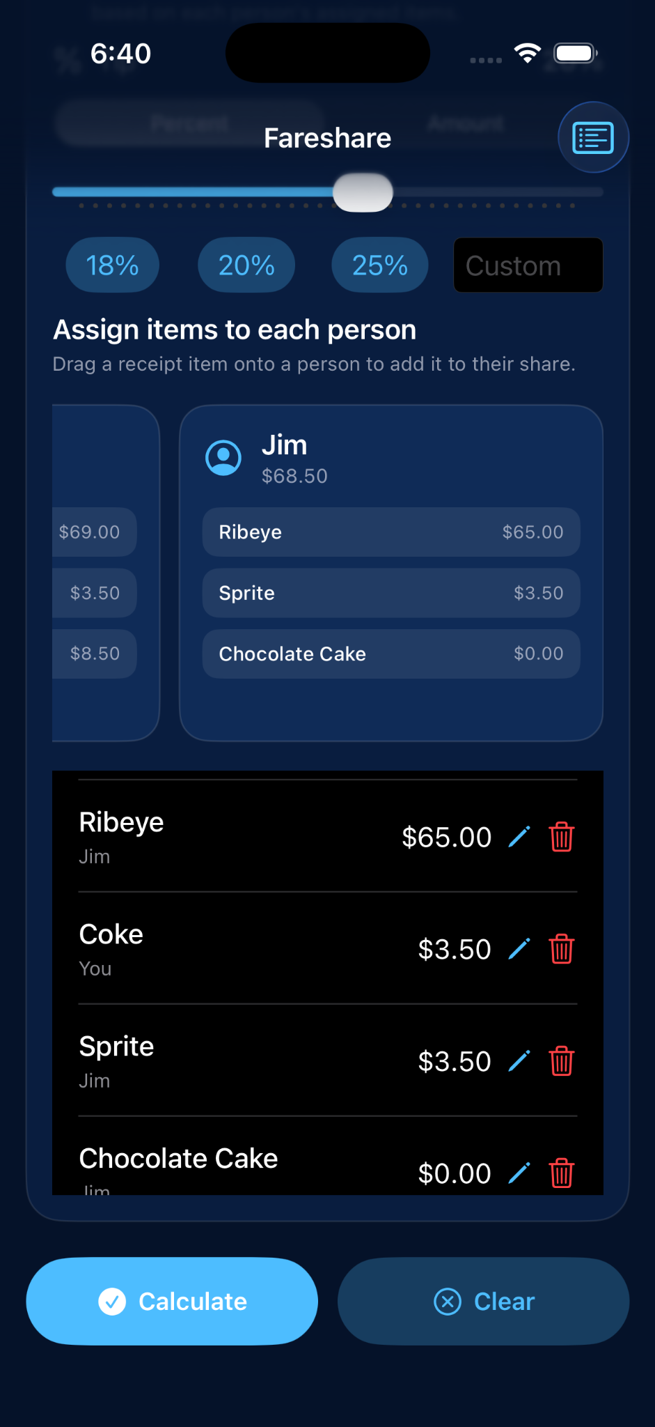 Fareshare iPhone Itemized Split screen showing assigned receipt items and person buckets.