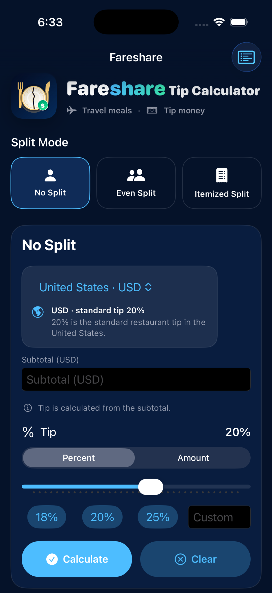 Fareshare iPhone No Split screen showing country, subtotal, tip controls, calculate, and clear buttons.