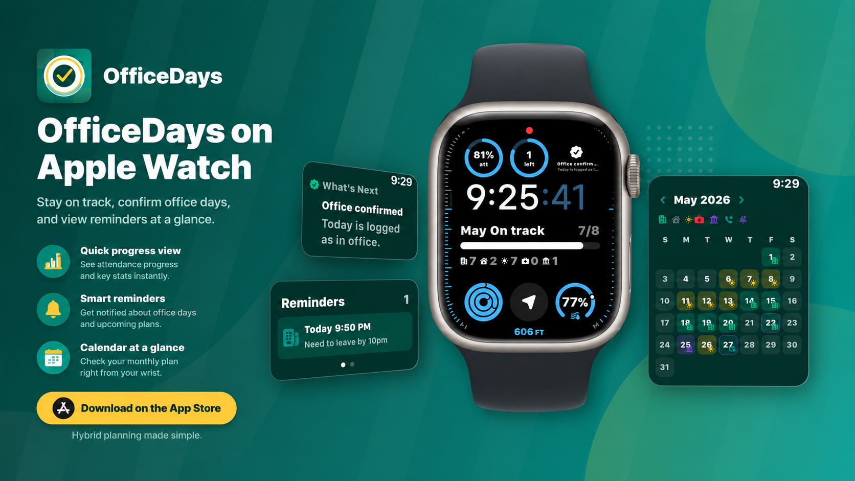 OfficeDays on Apple Watch promotional graphic showing progress, reminders, and calendar support