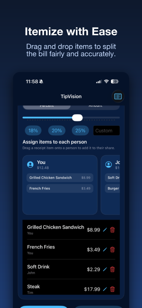 TipVision app showing drag and drop itemization for fair and accurate bill splitting.