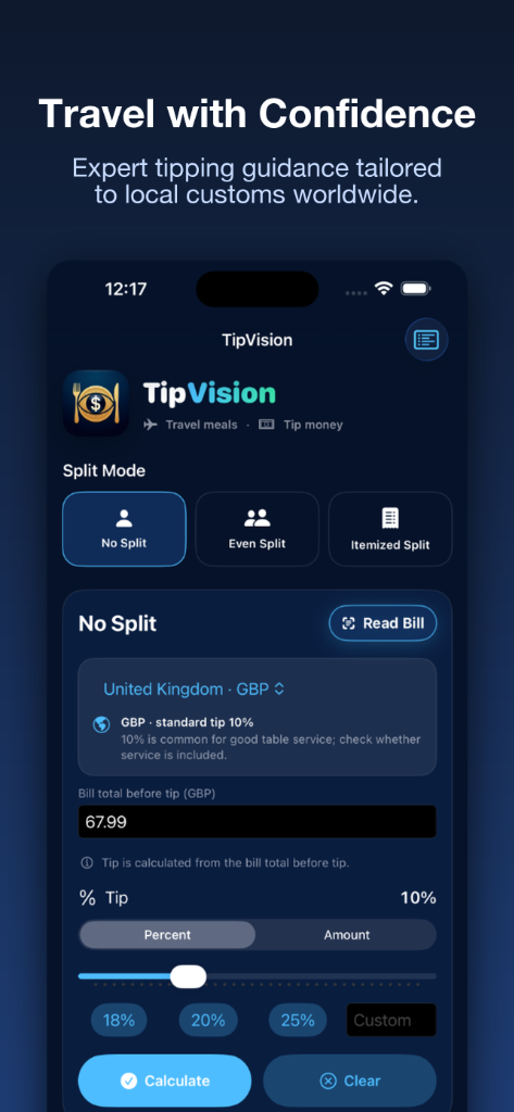 TipVision app showing expert tipping guidance and local customs for international travel.