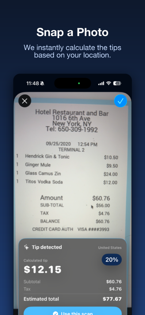 TipVision app showing the camera receipt scanner with automatic tip detection.